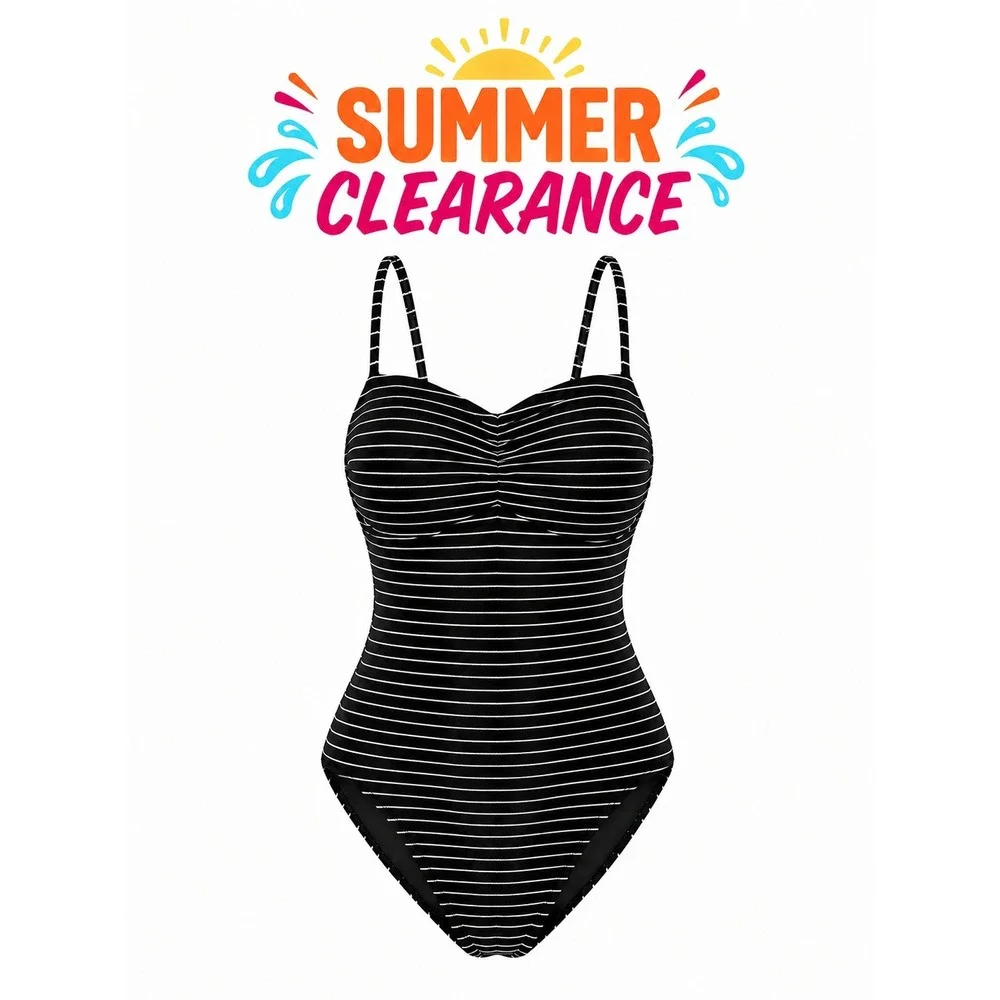 Lands End Womens XL One Piece Swimsuit Black White Striped Tie Back NWT